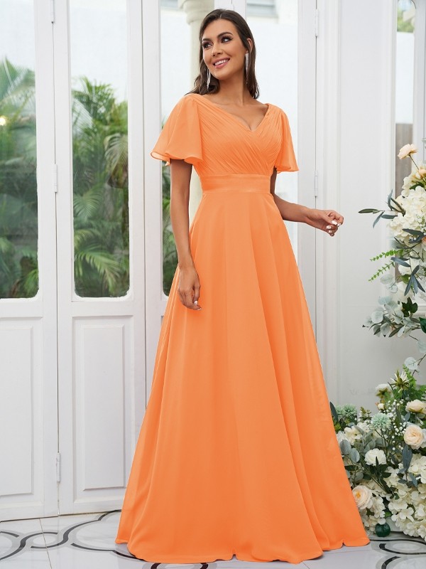 A-Line/Princess Chiffon Ruched V-neck Short Sleeves Sweep/Brush Train Bridesmaid Dresses 2174