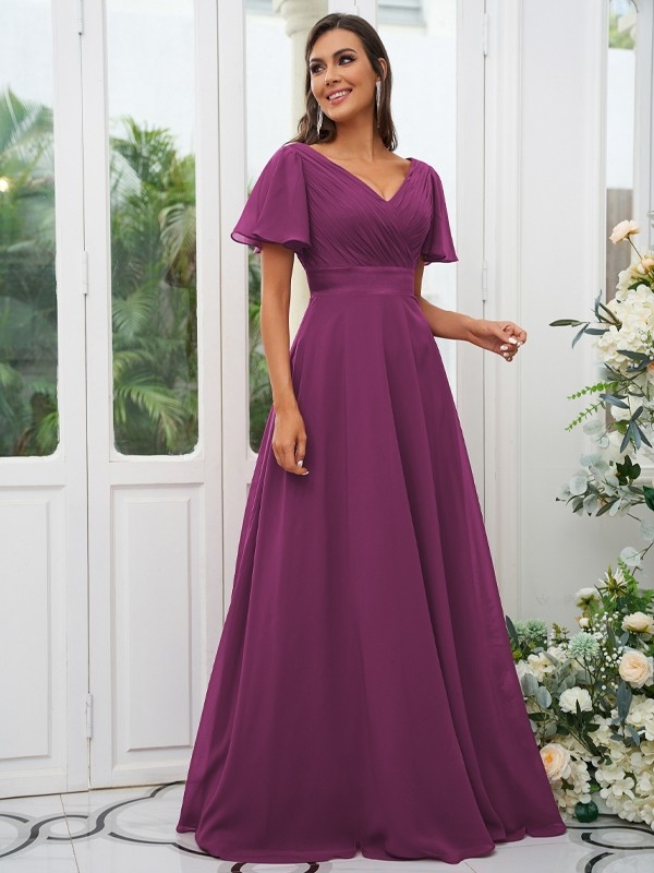 A-Line/Princess Chiffon Ruched V-neck Short Sleeves Sweep/Brush Train Bridesmaid Dresses 2174