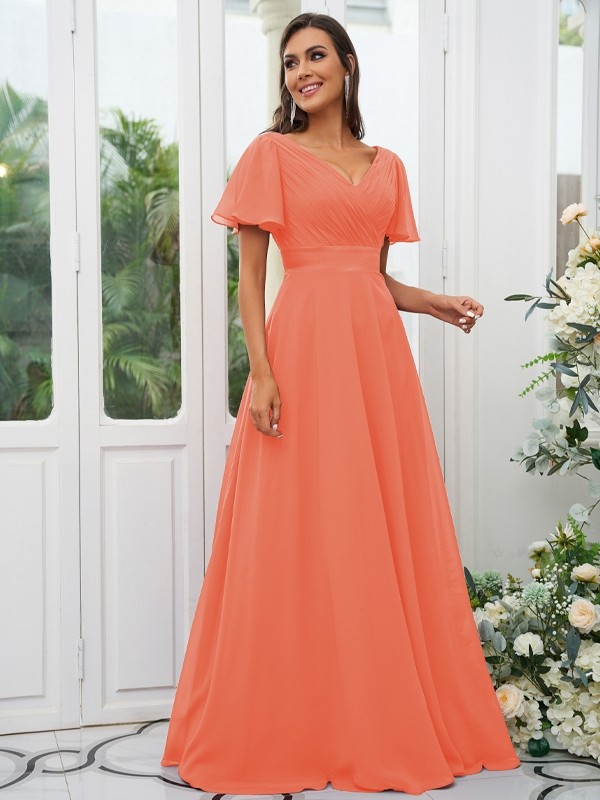 A-Line/Princess Chiffon Ruched V-neck Short Sleeves Sweep/Brush Train Bridesmaid Dresses 2174