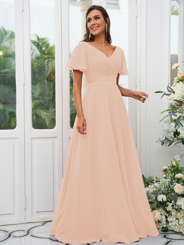 A-Line/Princess Chiffon Ruched V-neck Short Sleeves Sweep/Brush Train Bridesmaid Dresses 2174