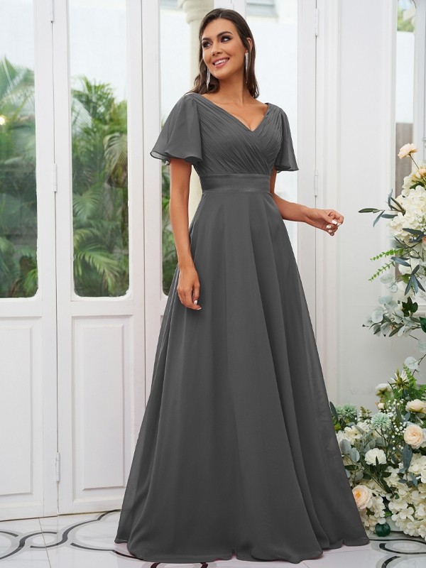 A-Line/Princess Chiffon Ruched V-neck Short Sleeves Sweep/Brush Train Bridesmaid Dresses 2174