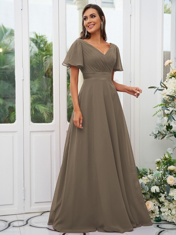 A-Line/Princess Chiffon Ruched V-neck Short Sleeves Sweep/Brush Train Bridesmaid Dresses 2174