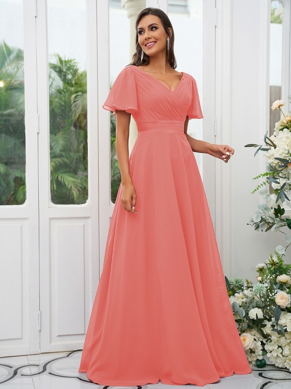 A-Line/Princess Chiffon Ruched V-neck Short Sleeves Sweep/Brush Train Bridesmaid Dresses 2174