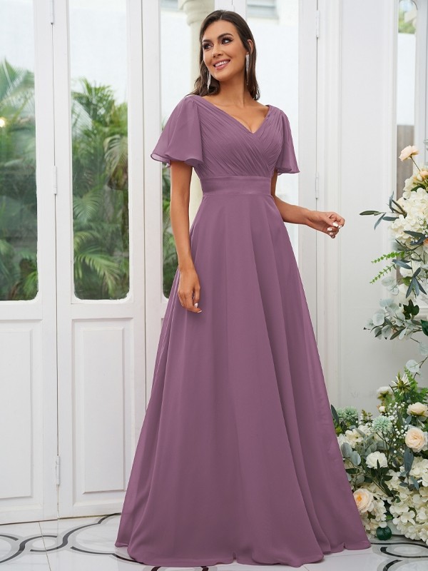 A-Line/Princess Chiffon Ruched V-neck Short Sleeves Sweep/Brush Train Bridesmaid Dresses 2174