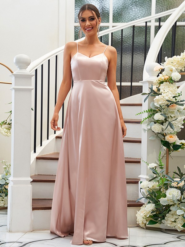 A-Line/Princess Silk like Satin Ruffles V-neck Sleeveless Floor-Length Bridesmaid Dresses 2490