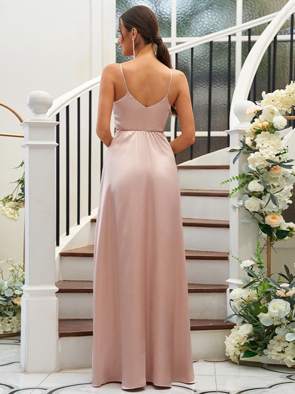 A-Line/Princess Silk like Satin Ruffles V-neck Sleeveless Floor-Length Bridesmaid Dresses 2490