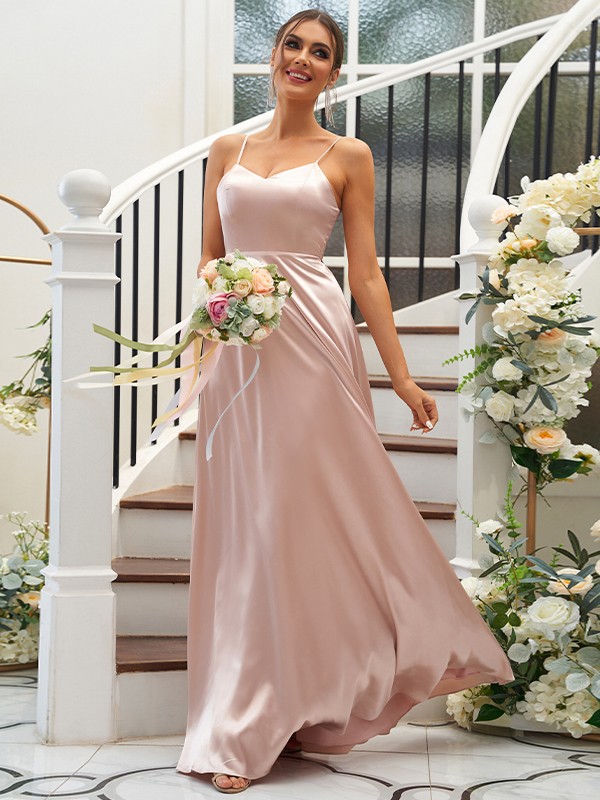 A-Line/Princess Silk like Satin Ruffles V-neck Sleeveless Floor-Length Bridesmaid Dresses 2490