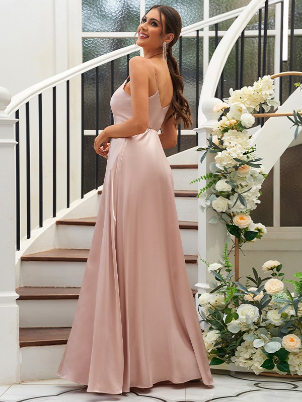 A-Line/Princess Silk like Satin Ruffles V-neck Sleeveless Floor-Length Bridesmaid Dresses 2490