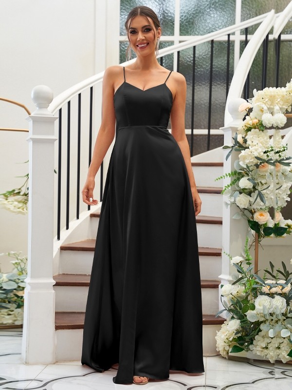 A-Line/Princess Silk like Satin Ruffles V-neck Sleeveless Floor-Length Bridesmaid Dresses 2490