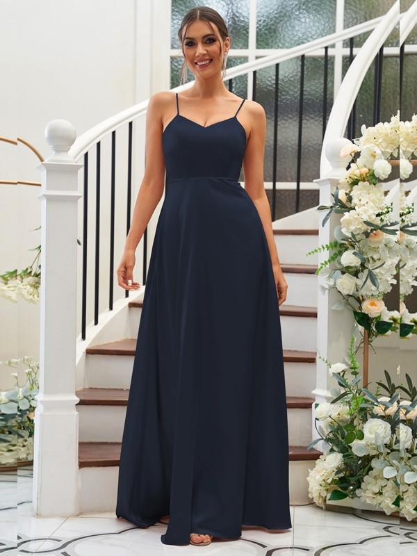 A-Line/Princess Silk like Satin Ruffles V-neck Sleeveless Floor-Length Bridesmaid Dresses 2490