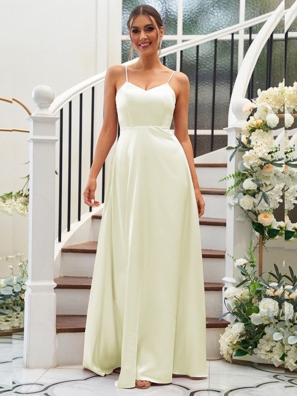 A-Line/Princess Silk like Satin Ruffles V-neck Sleeveless Floor-Length Bridesmaid Dresses 2490