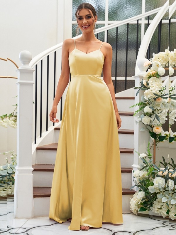 A-Line/Princess Silk like Satin Ruffles V-neck Sleeveless Floor-Length Bridesmaid Dresses 2490