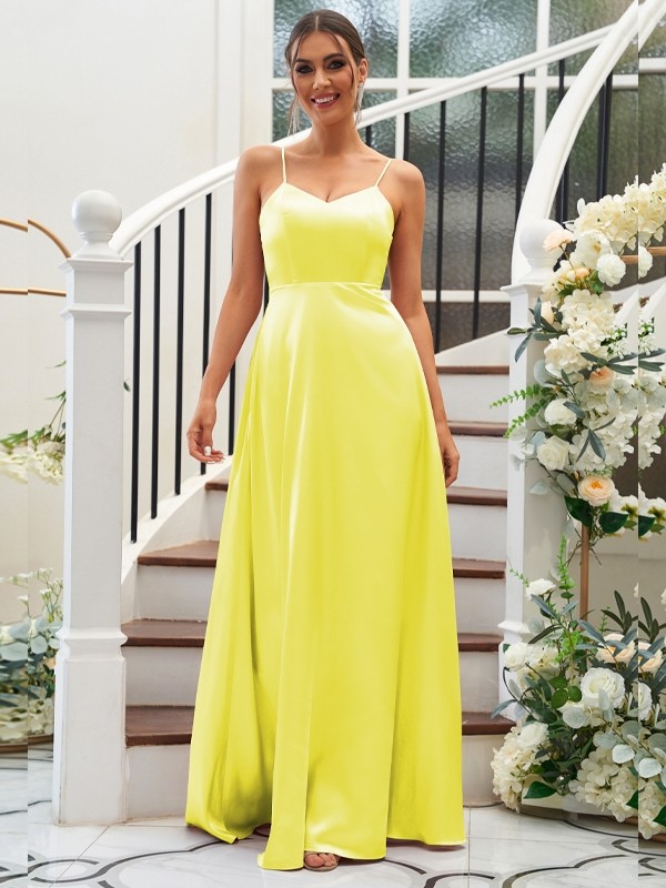 A-Line/Princess Silk like Satin Ruffles V-neck Sleeveless Floor-Length Bridesmaid Dresses 2490