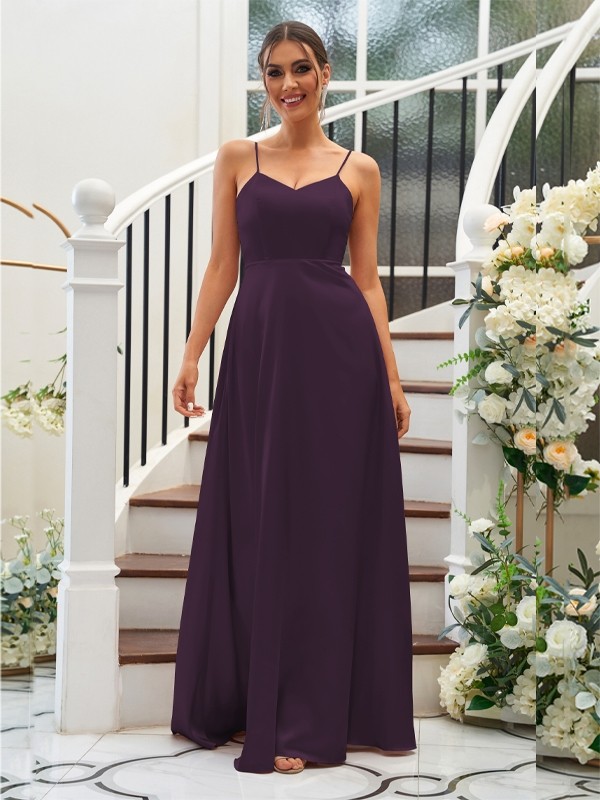 A-Line/Princess Silk like Satin Ruffles V-neck Sleeveless Floor-Length Bridesmaid Dresses 2490