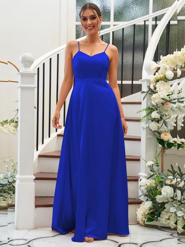 A-Line/Princess Silk like Satin Ruffles V-neck Sleeveless Floor-Length Bridesmaid Dresses 2490