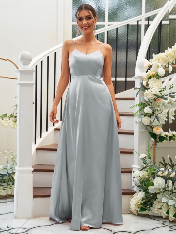 A-Line/Princess Silk like Satin Ruffles V-neck Sleeveless Floor-Length Bridesmaid Dresses 2490