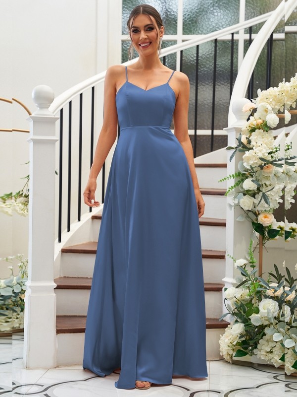 A-Line/Princess Silk like Satin Ruffles V-neck Sleeveless Floor-Length Bridesmaid Dresses 2490