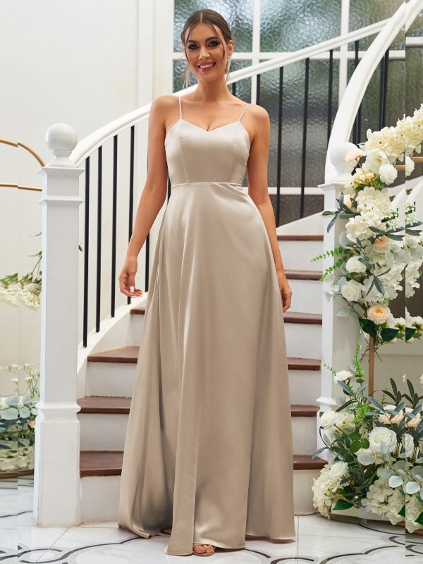 A-Line/Princess Silk like Satin Ruffles V-neck Sleeveless Floor-Length Bridesmaid Dresses 2490