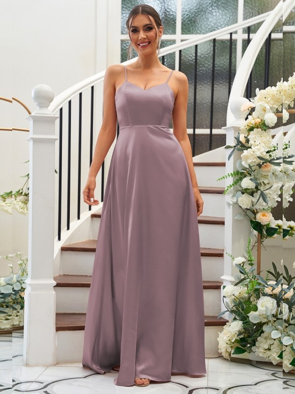 A-Line/Princess Silk like Satin Ruffles V-neck Sleeveless Floor-Length Bridesmaid Dresses 2490