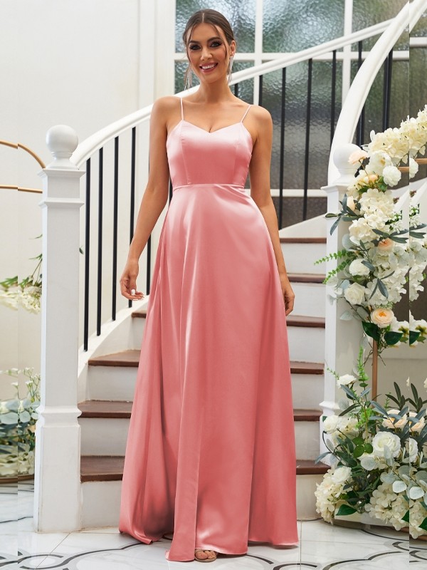 A-Line/Princess Silk like Satin Ruffles V-neck Sleeveless Floor-Length Bridesmaid Dresses 2490