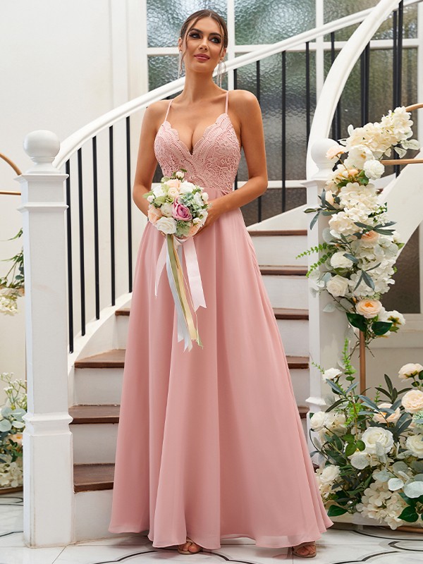 A-Line/Princess Chiffon Lace V-neck Sleeveless Floor-Length Bridesmaid Dresses 2153