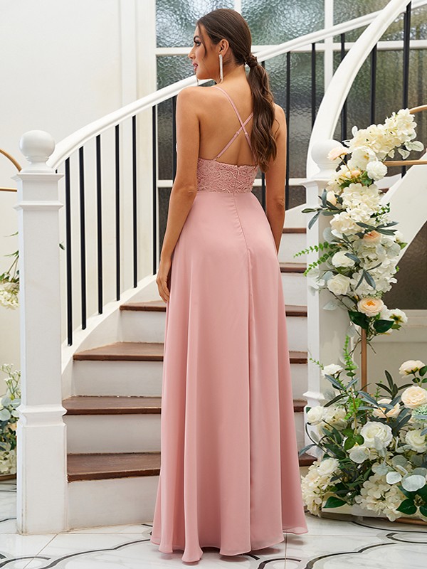 A-Line/Princess Chiffon Lace V-neck Sleeveless Floor-Length Bridesmaid Dresses 2153