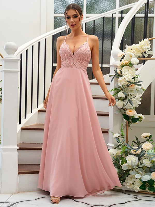 A-Line/Princess Chiffon Lace V-neck Sleeveless Floor-Length Bridesmaid Dresses 2153