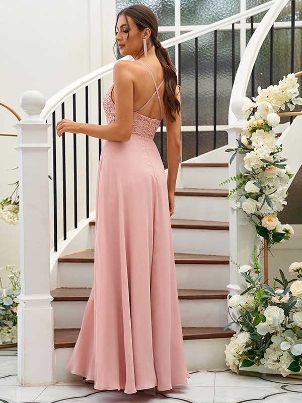 A-Line/Princess Chiffon Lace V-neck Sleeveless Floor-Length Bridesmaid Dresses 2153