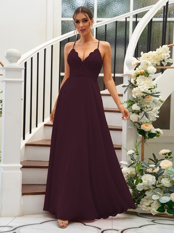 A-Line/Princess Chiffon Lace V-neck Sleeveless Floor-Length Bridesmaid Dresses 2153