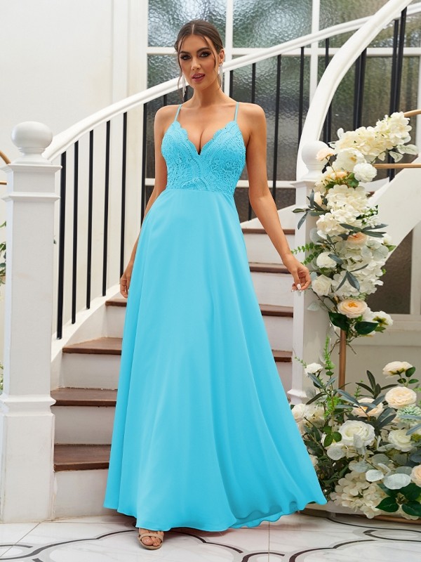 A-Line/Princess Chiffon Lace V-neck Sleeveless Floor-Length Bridesmaid Dresses 2153