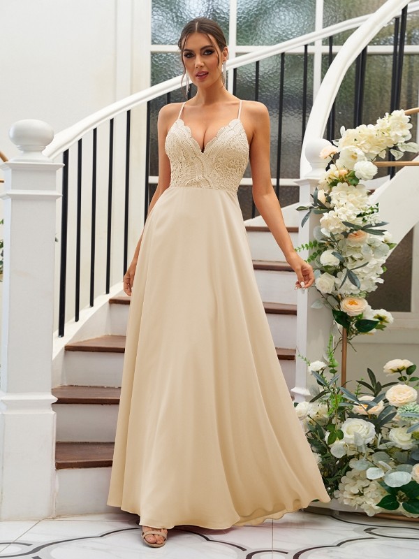 A-Line/Princess Chiffon Lace V-neck Sleeveless Floor-Length Bridesmaid Dresses 2153