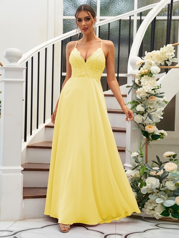 A-Line/Princess Chiffon Lace V-neck Sleeveless Floor-Length Bridesmaid Dresses 2153