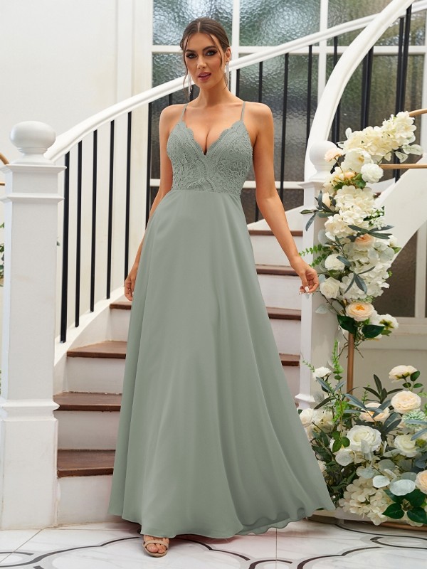 A-Line/Princess Chiffon Lace V-neck Sleeveless Floor-Length Bridesmaid Dresses 2153