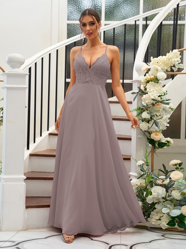 A-Line/Princess Chiffon Lace V-neck Sleeveless Floor-Length Bridesmaid Dresses 2153