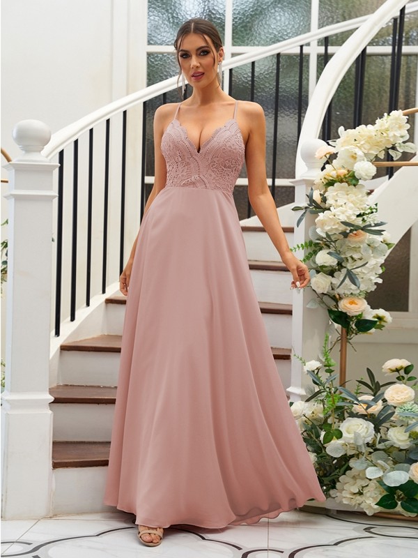 A-Line/Princess Chiffon Lace V-neck Sleeveless Floor-Length Bridesmaid Dresses 2153