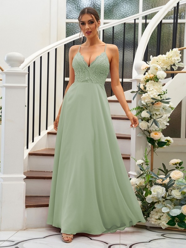 A-Line/Princess Chiffon Lace V-neck Sleeveless Floor-Length Bridesmaid Dresses 2153