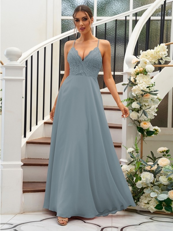 A-Line/Princess Chiffon Lace V-neck Sleeveless Floor-Length Bridesmaid Dresses 2153