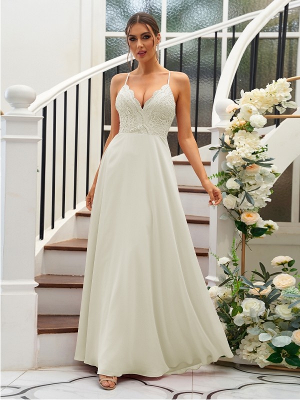 A-Line/Princess Chiffon Lace V-neck Sleeveless Floor-Length Bridesmaid Dresses 2153