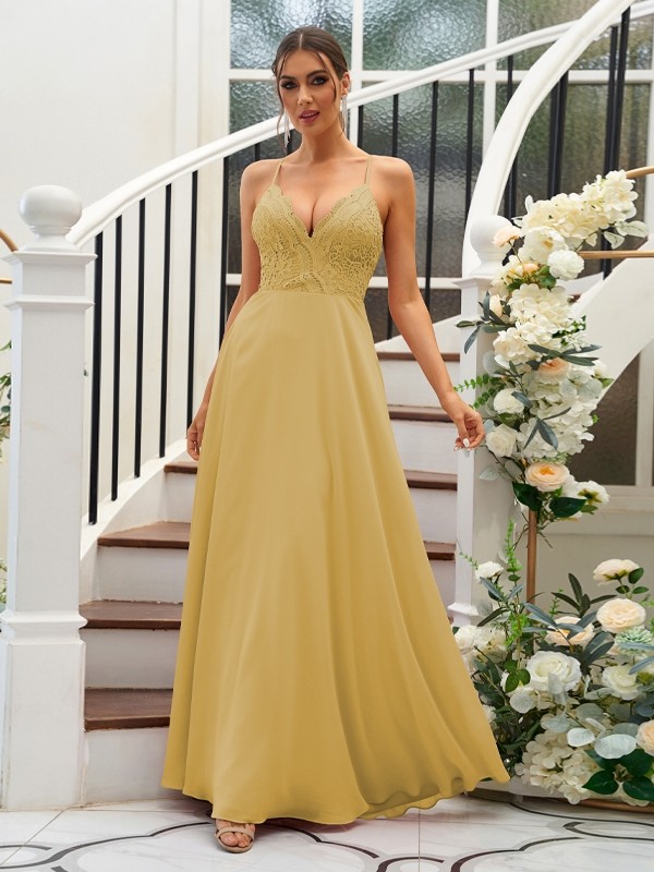 A-Line/Princess Chiffon Lace V-neck Sleeveless Floor-Length Bridesmaid Dresses 2153