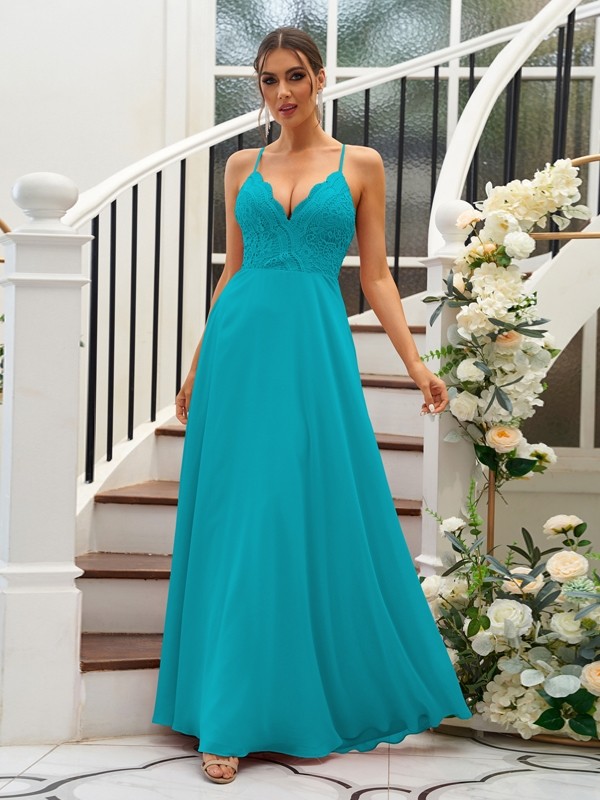 A-Line/Princess Chiffon Lace V-neck Sleeveless Floor-Length Bridesmaid Dresses 2153