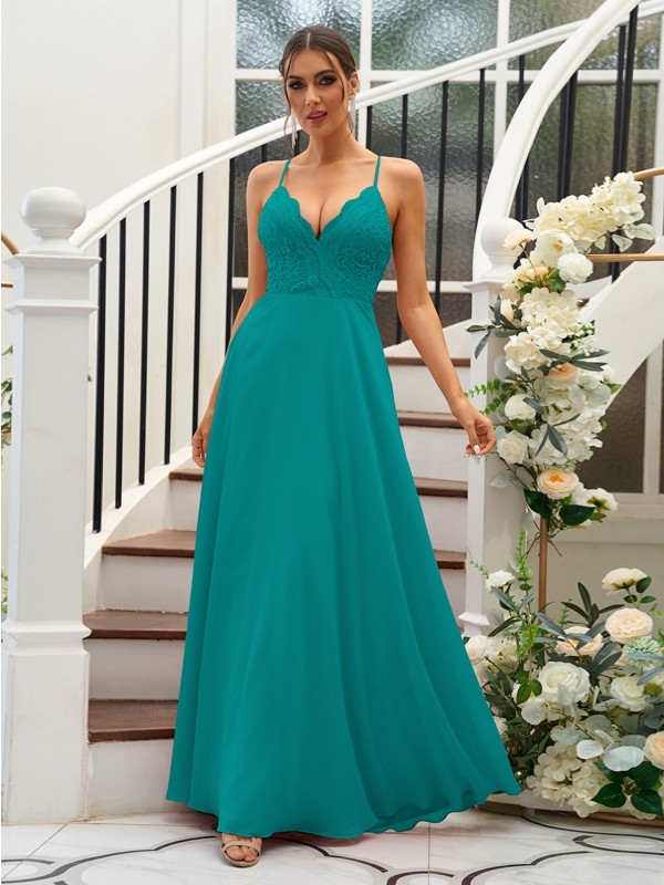 A-Line/Princess Chiffon Lace V-neck Sleeveless Floor-Length Bridesmaid Dresses 2153