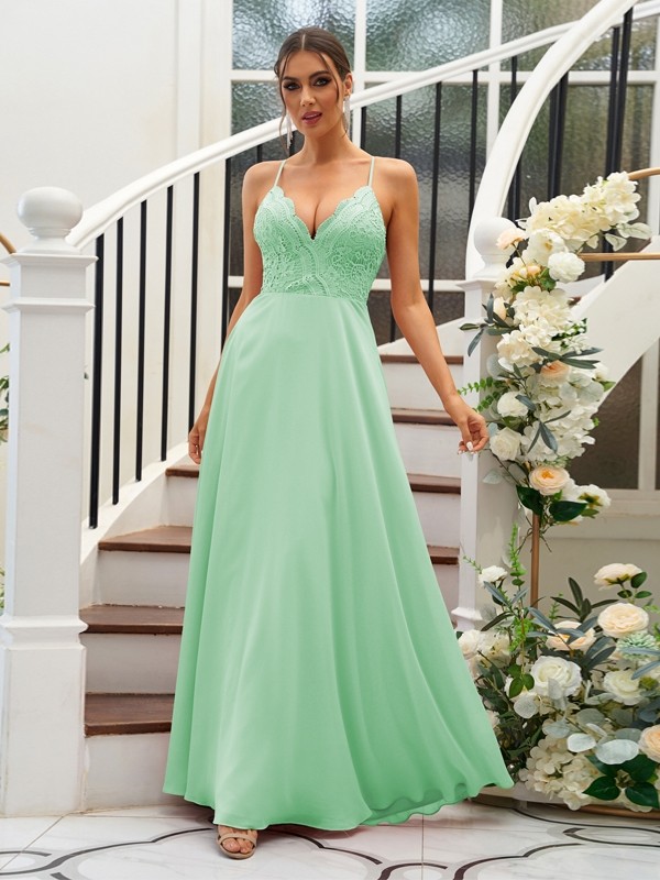 A-Line/Princess Chiffon Lace V-neck Sleeveless Floor-Length Bridesmaid Dresses 2153