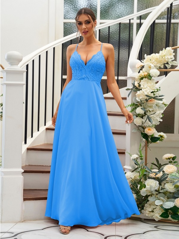 A-Line/Princess Chiffon Lace V-neck Sleeveless Floor-Length Bridesmaid Dresses 2153