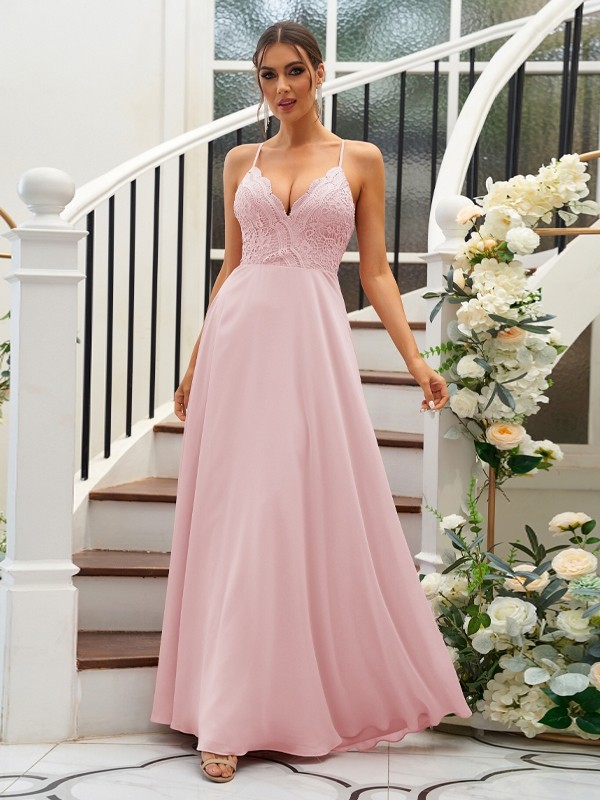 A-Line/Princess Chiffon Lace V-neck Sleeveless Floor-Length Bridesmaid Dresses 2153