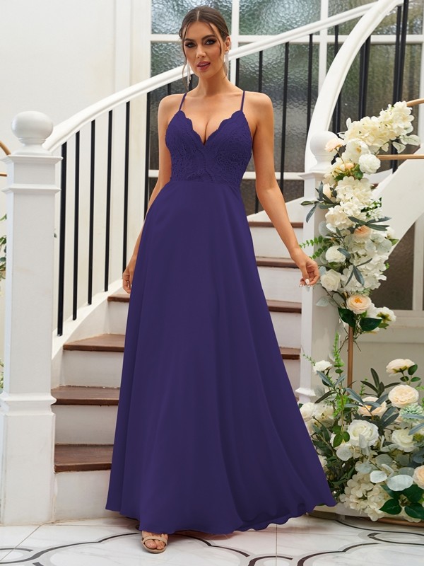 A-Line/Princess Chiffon Lace V-neck Sleeveless Floor-Length Bridesmaid Dresses 2153