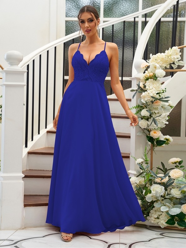 A-Line/Princess Chiffon Lace V-neck Sleeveless Floor-Length Bridesmaid Dresses 2153