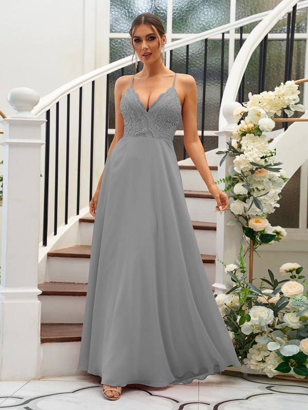 A-Line/Princess Chiffon Lace V-neck Sleeveless Floor-Length Bridesmaid Dresses 2153