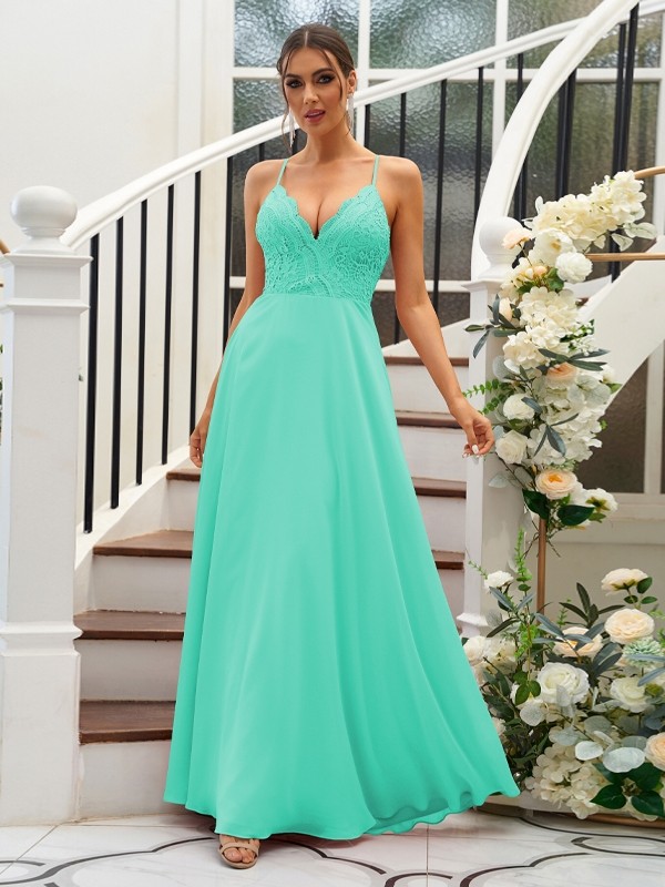 A-Line/Princess Chiffon Lace V-neck Sleeveless Floor-Length Bridesmaid Dresses 2153