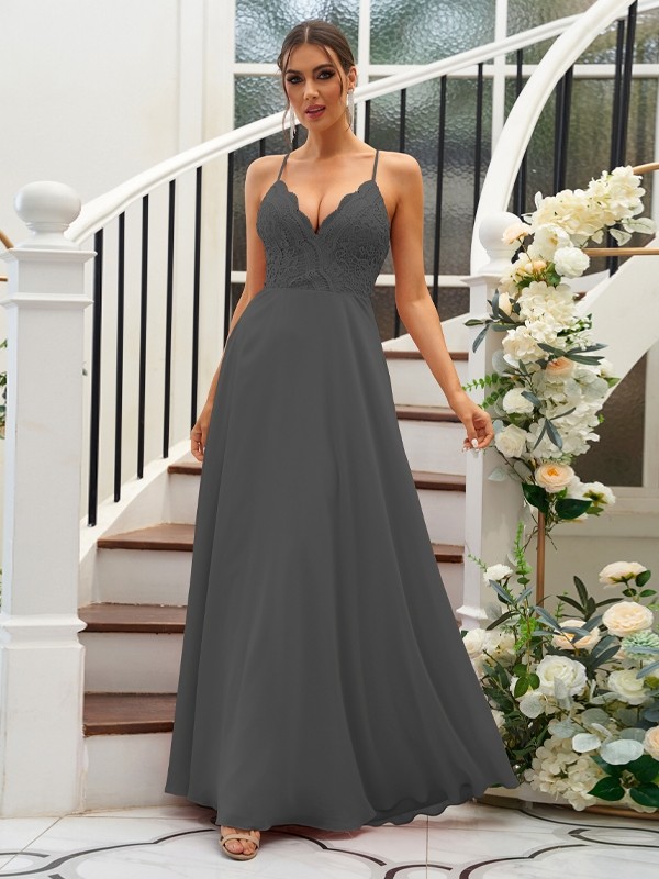 A-Line/Princess Chiffon Lace V-neck Sleeveless Floor-Length Bridesmaid Dresses 2153