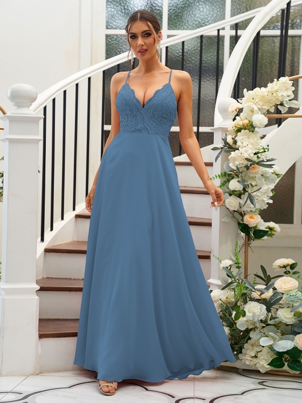 A-Line/Princess Chiffon Lace V-neck Sleeveless Floor-Length Bridesmaid Dresses 2153